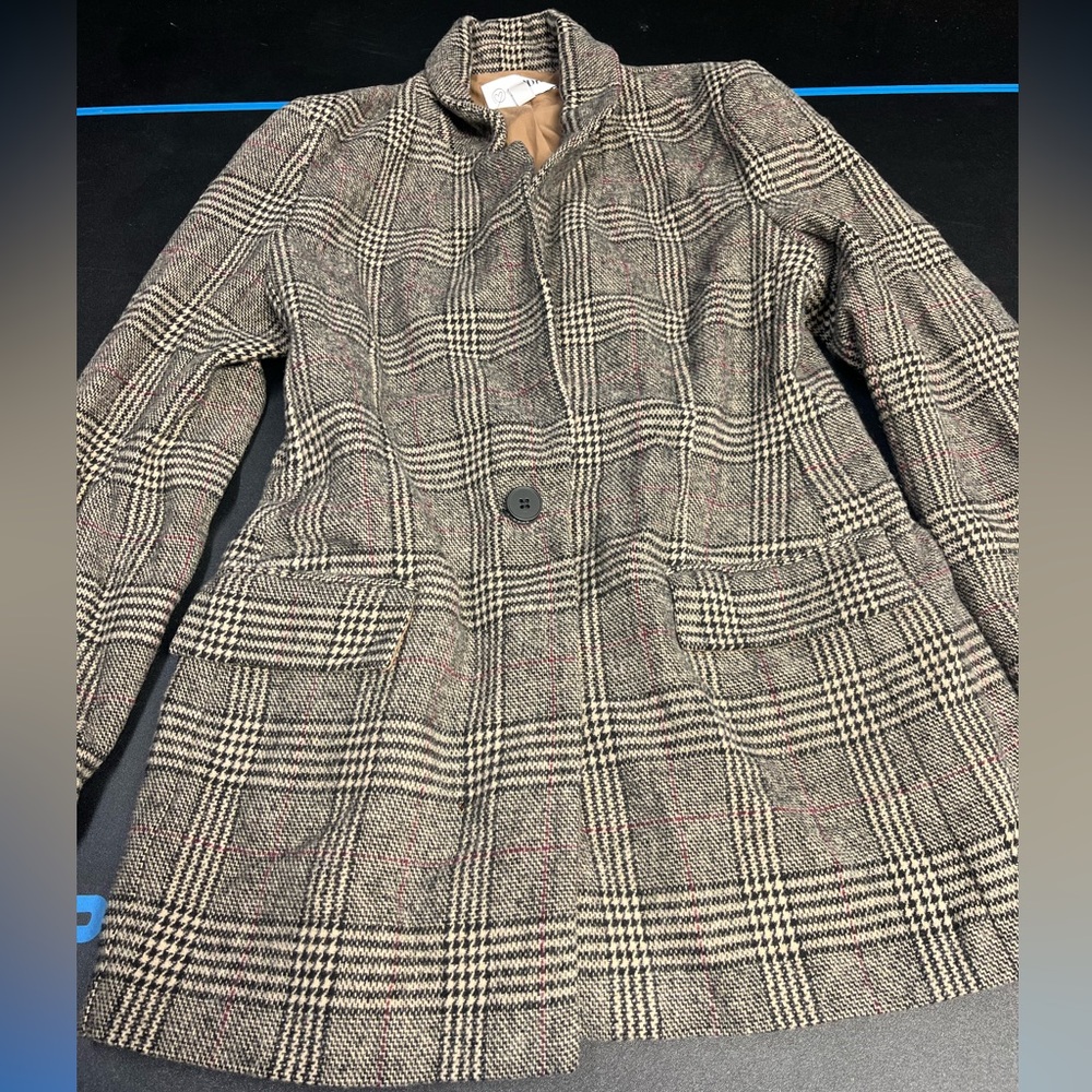 The Drop Small Tweed Plaid Black and Gray Womens Button Long Sleeve Blazer